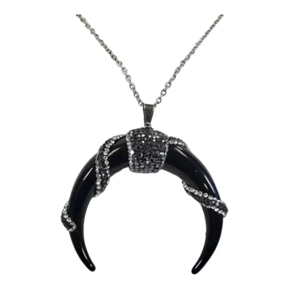 Black and White Rhinestone Jeweled Wrap Faux Bull Horn Pendant Necklace W/ Chain